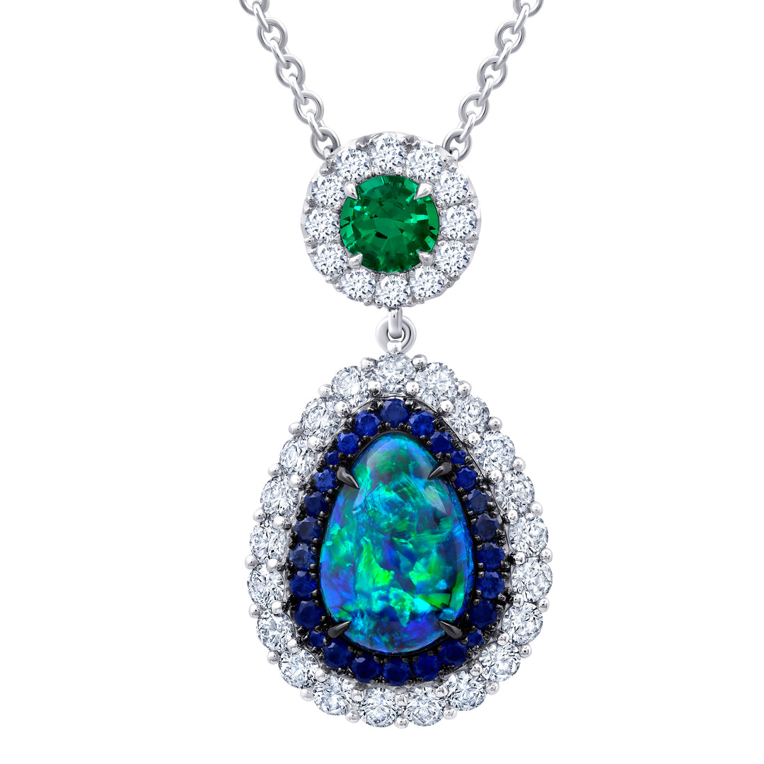 Pear Shape Australian Black Opal, Sapphire, Emerald & Diamond Drop Slider Necklace