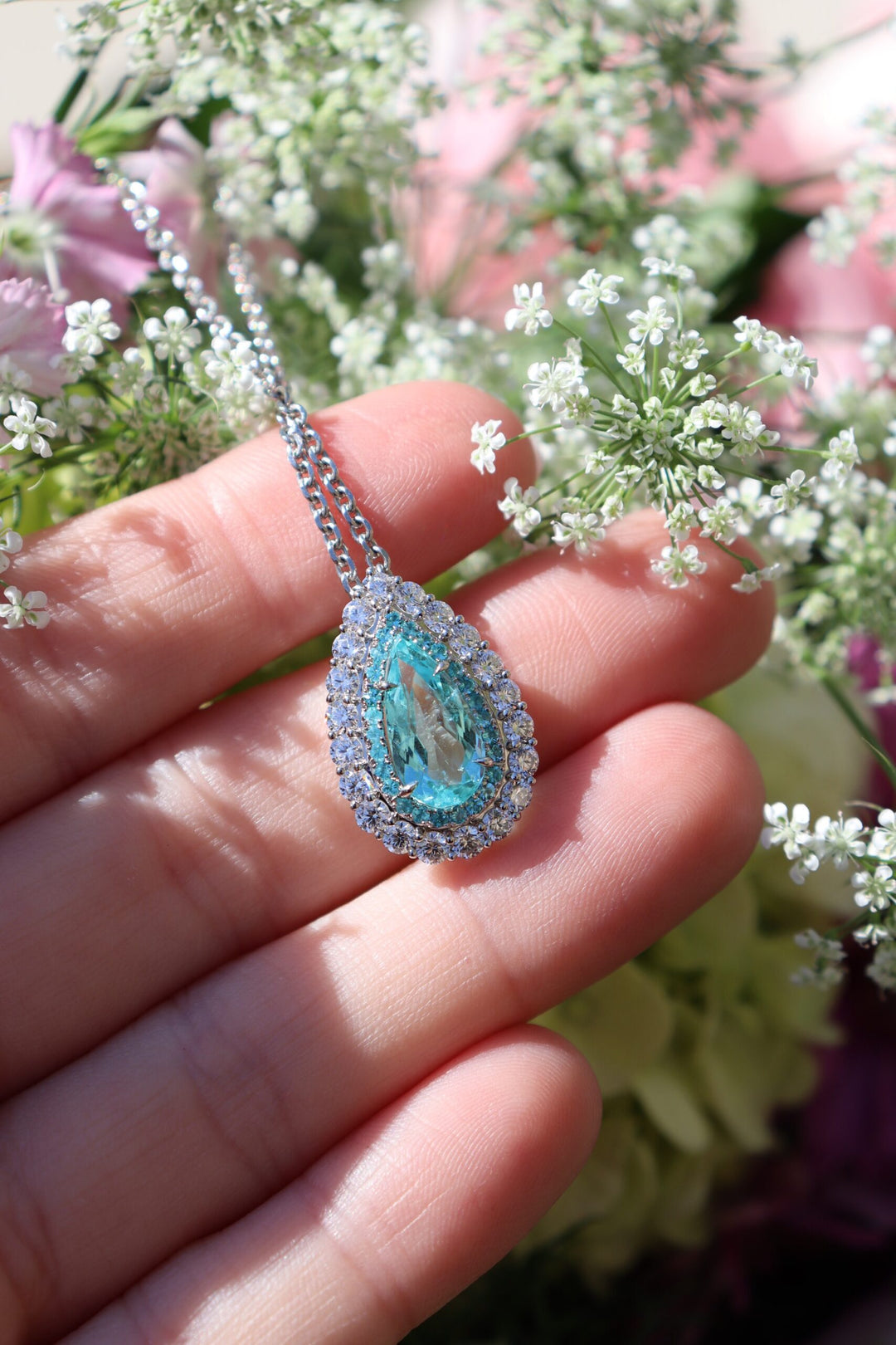 2.42ct Pear Shape Paraiba-Type Tourmaline & Diamond Platinum Pendant