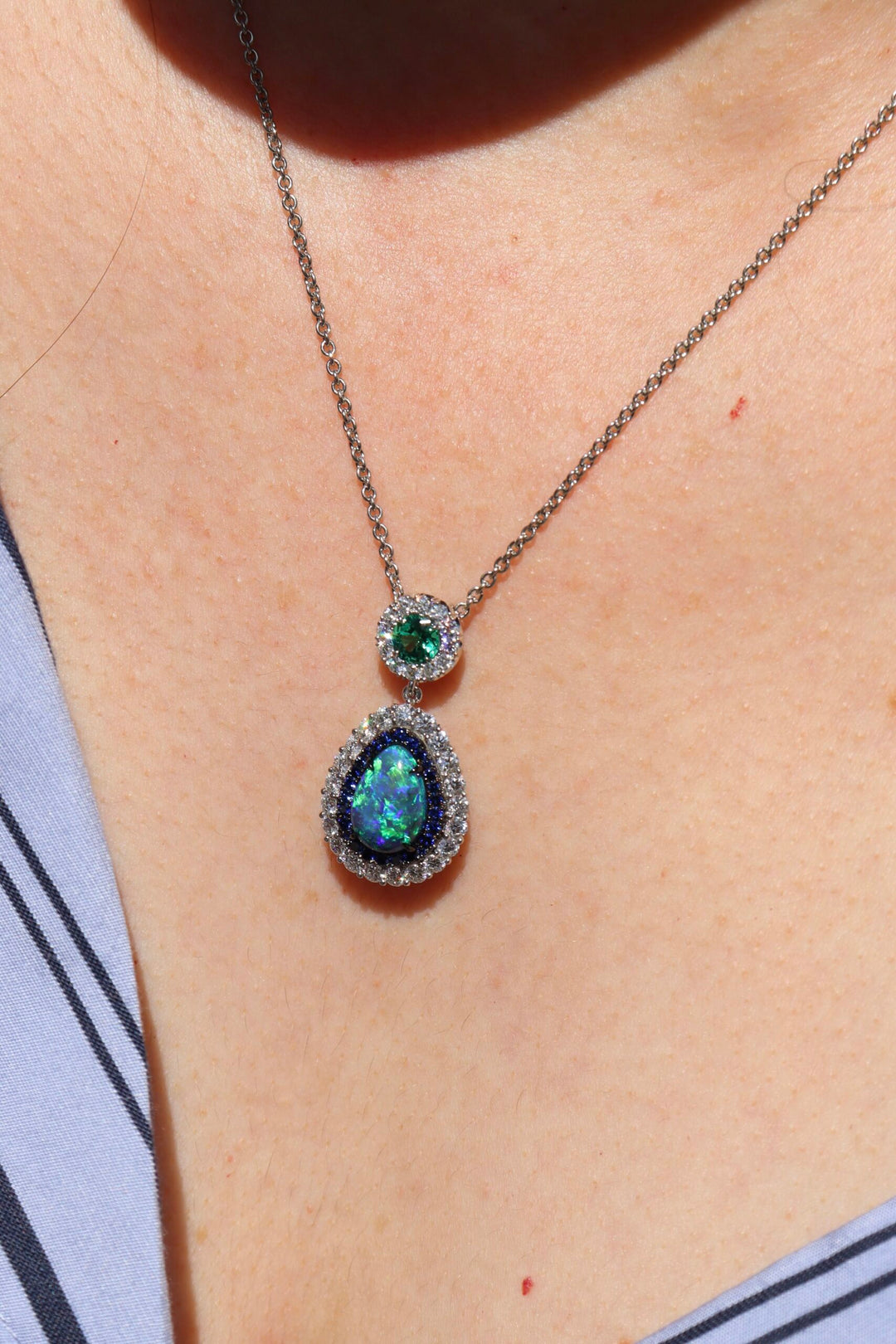 Pear Shape Australian Black Opal, Sapphire, Emerald & Diamond Drop Slider Necklace