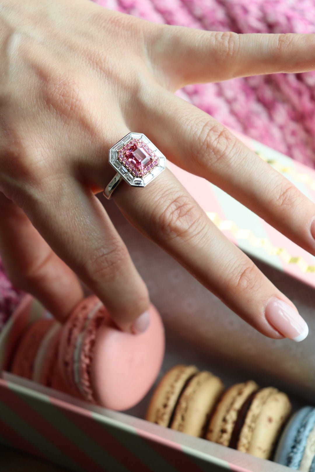 2.05ct Emerald Cut Pink Spinel, Pink Sapphire, & Diamond Ring in Platinum & 18K Rose Gold