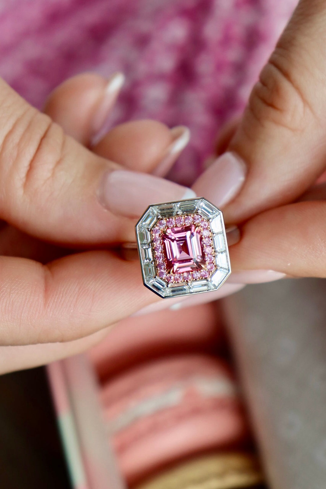 2.05ct Emerald Cut Pink Spinel, Pink Sapphire, & Diamond Ring in Platinum & 18K Rose Gold