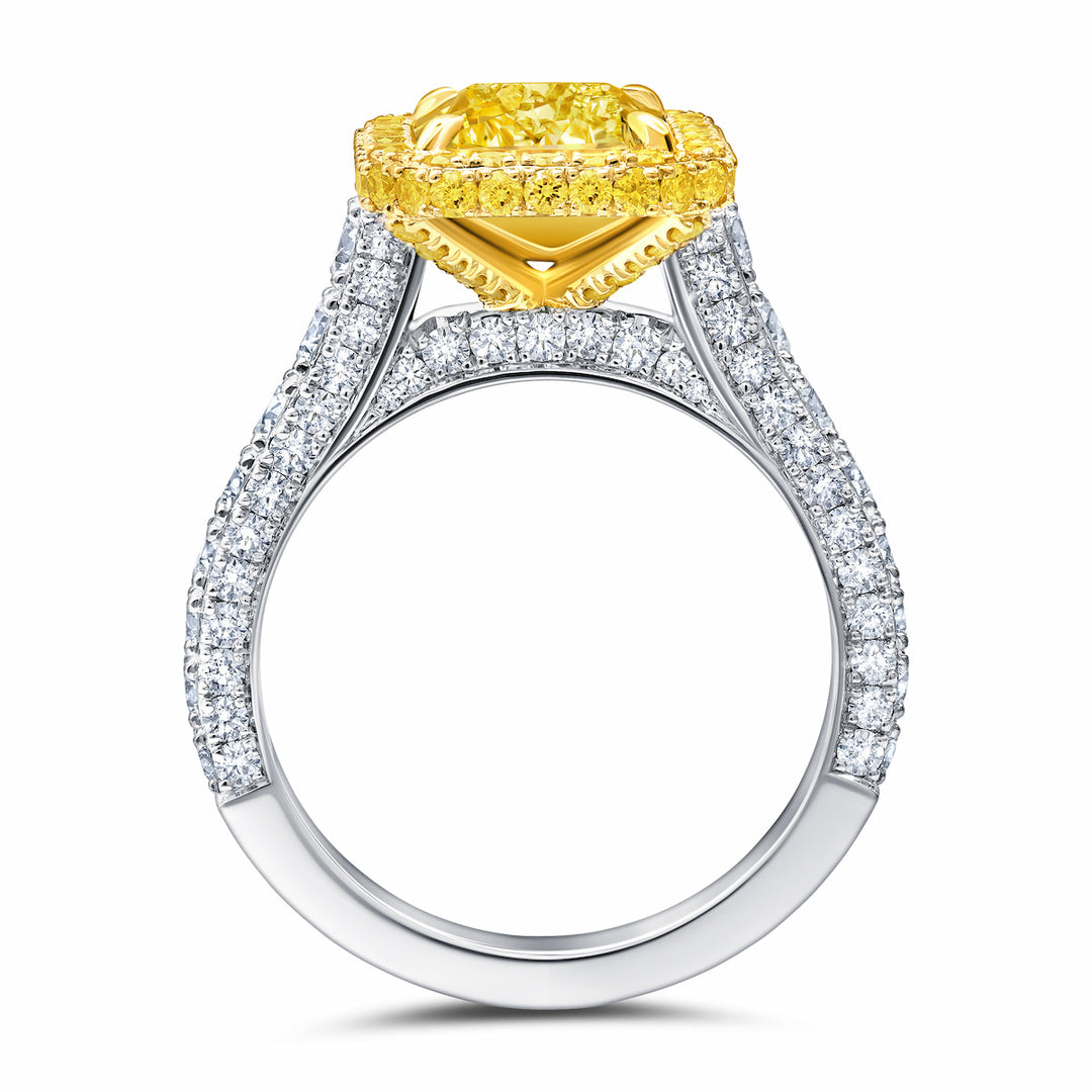 3.52ct Radiant Fancy Intense Yellow Diamond Ring in Platinum & 18K Yellow Gold
