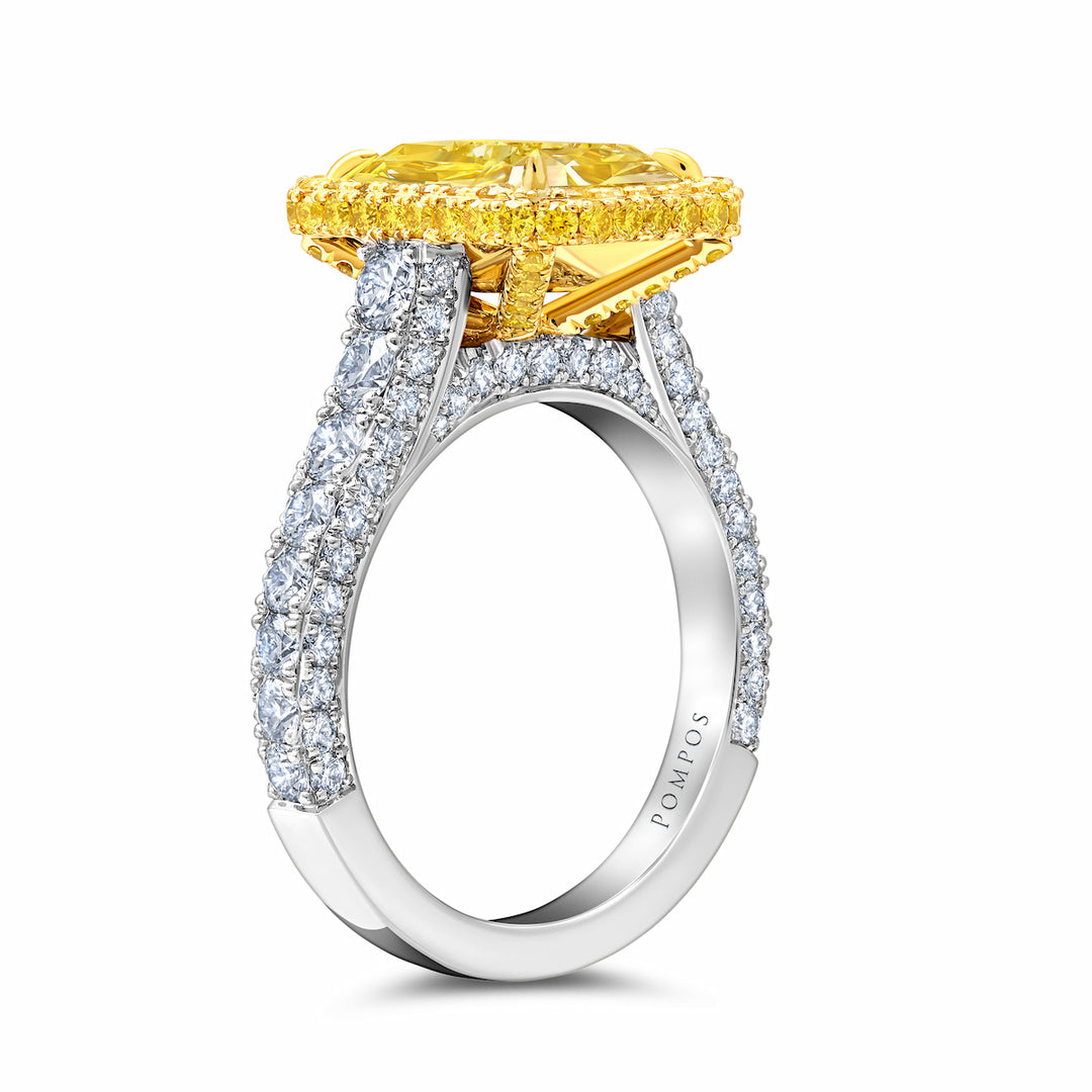 3.52ct Radiant Fancy Intense Yellow Diamond Ring in Platinum & 18K Yellow Gold