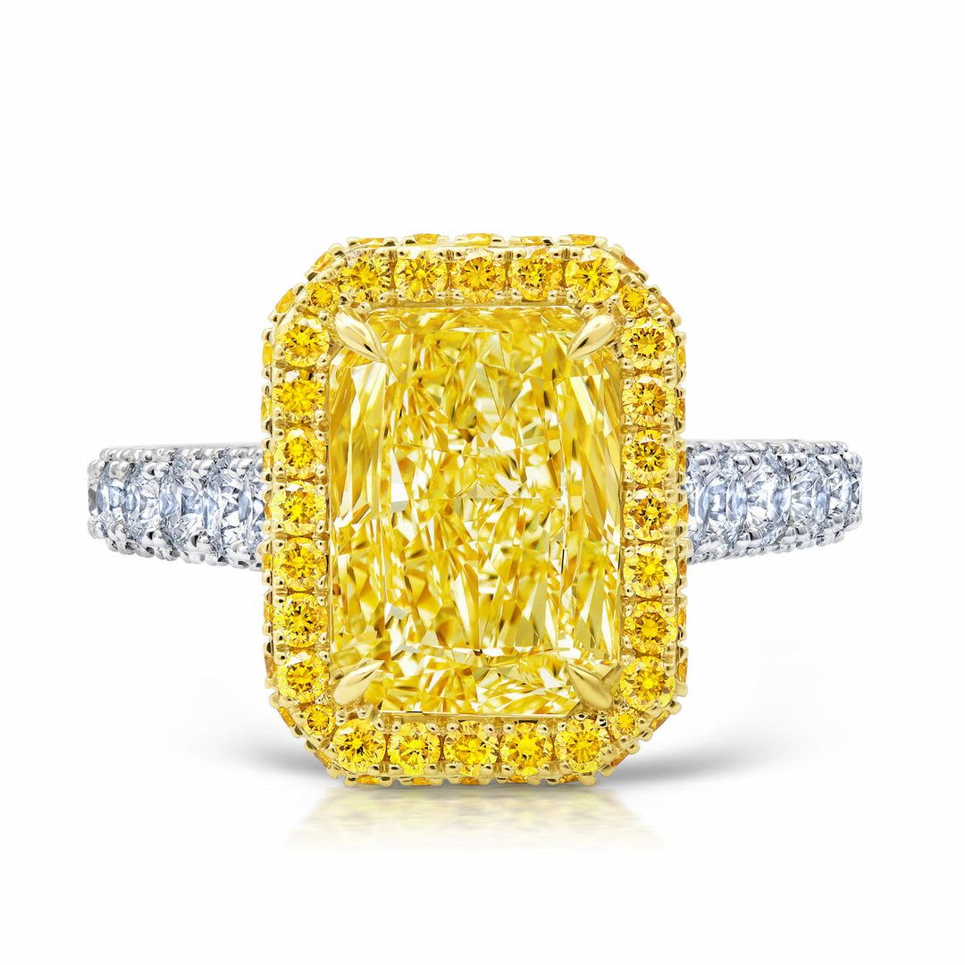 3.52ct Radiant Fancy Intense Yellow Diamond Ring in Platinum & 18K Yellow Gold
