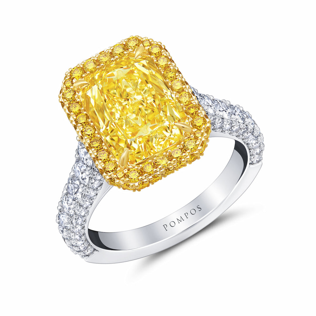 3.52ct Radiant Fancy Intense Yellow Diamond Ring in Platinum & 18K Yellow Gold