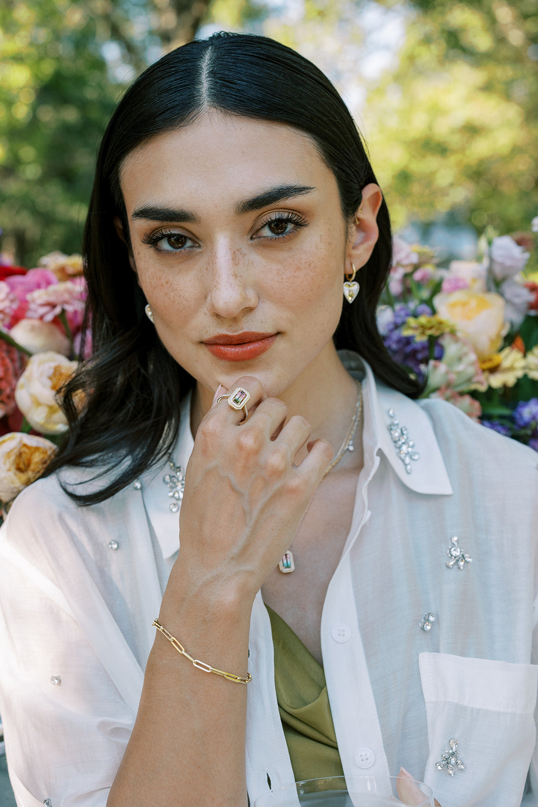 Fluted Baguette and Diamond Heart Earrings in 14K Gold