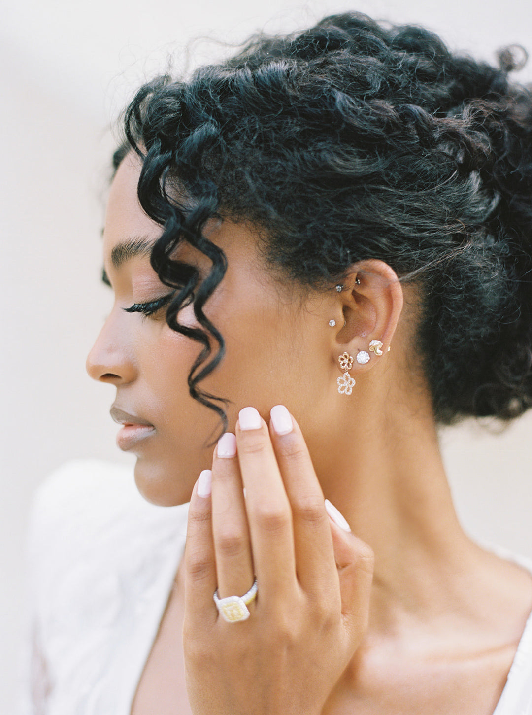 Gold & Diamond Double Flower Dangle Earrings in 14K Gold