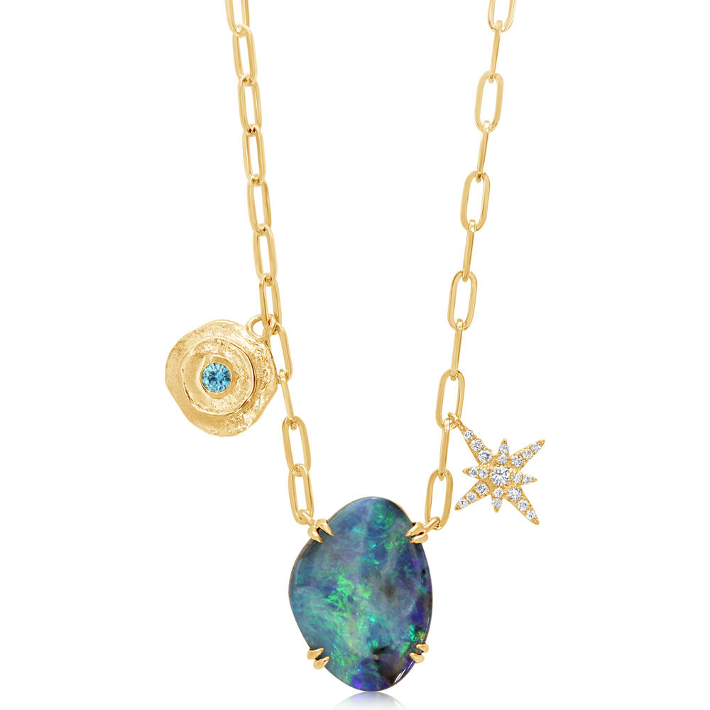 Gold & Smoke Australian Boulder Opal, Blue Zircon, & Diamond Necklace in 14K Yellow Gold
