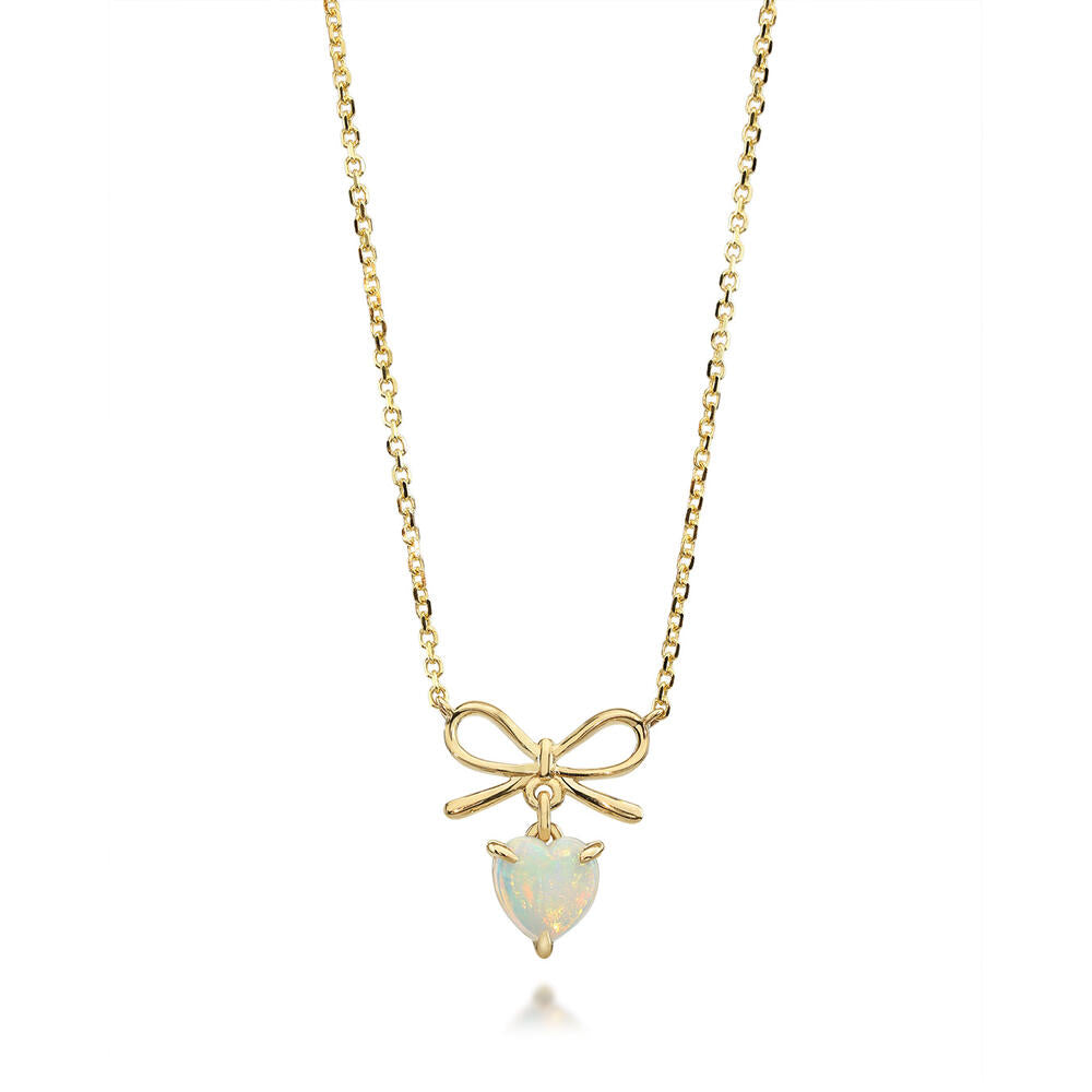14K Yellow Gold Heart Shape Australian Opal & Diamond Mini Bow Necklace
