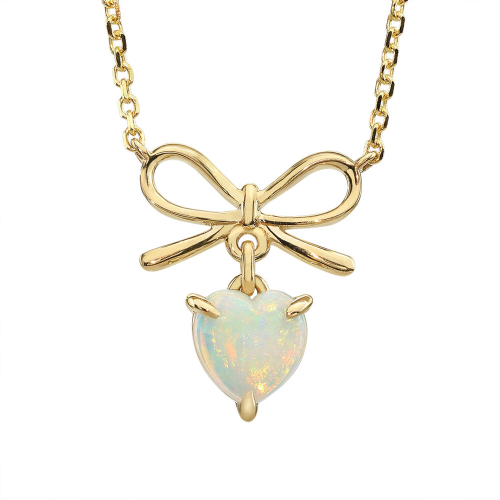 14K Yellow Gold Heart Shape Australian Opal & Diamond Mini Bow Necklace