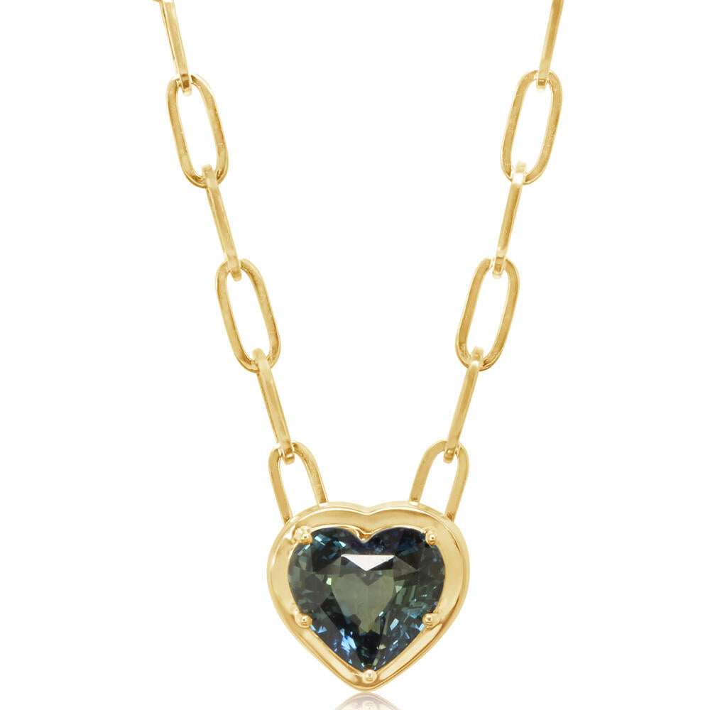 2.51ctw Blue-Green Heart Shape Sapphire Necklace in 14K Yellow Gold