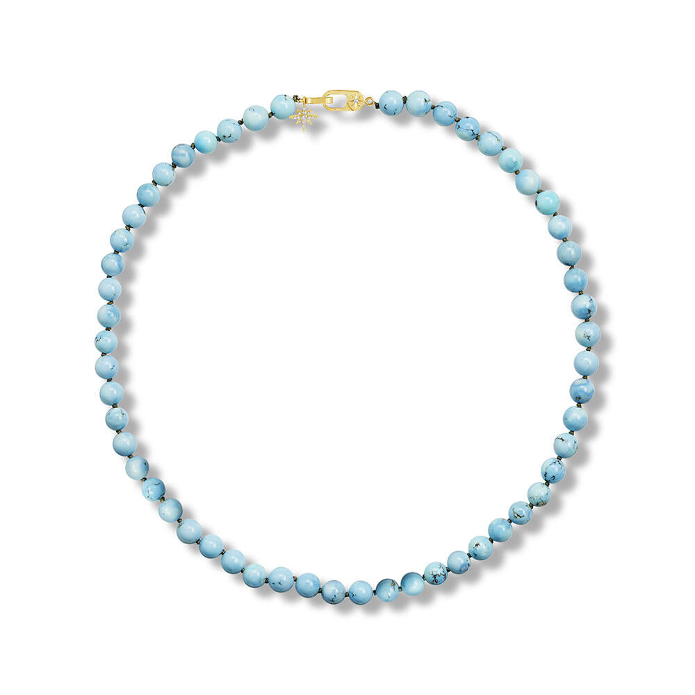Kazakhstan Turquoise Beads & Diamond 14K Yellow Gold Clasp Necklace