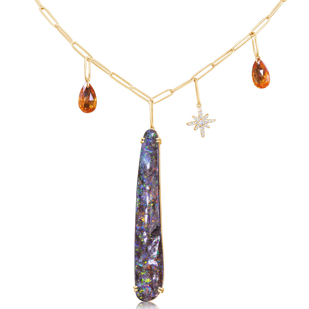 29.75ct Freeform Australian Boulder Opal, Mandarin Garnet & Star Diamond Necklace