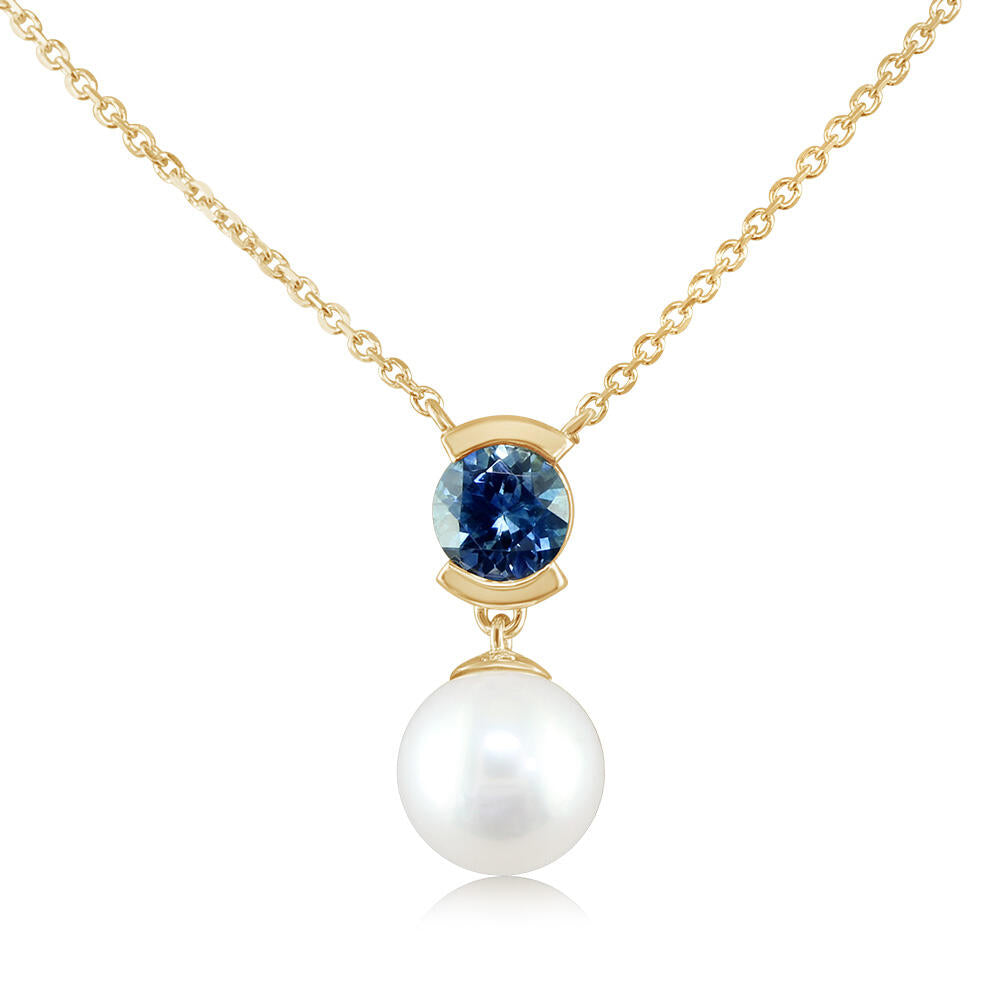 0.80ct Montana Sapphire & Pearl Necklace in 14K Yellow Gold