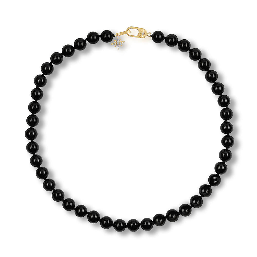 Black Spinel Beads & Diamond 14K Yellow Gold Clasp Necklace