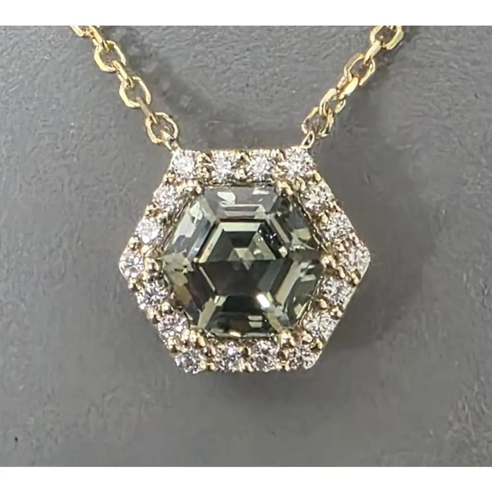 0.74ct Hexagon Green Montana Sapphire & Diamond Necklace in 14K Yellow Gold