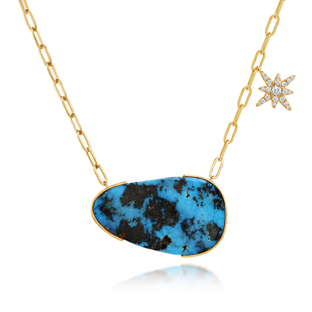 37.68ct Persian Turquoise & Diamond Star Necklace in 14K Yellow Gold