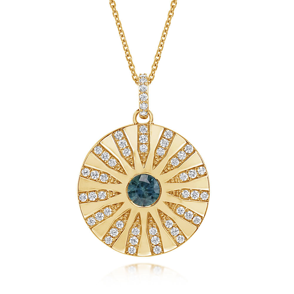 0.59ct Round Montana Sapphire & Diamond Medallion Pendant in 14K Yellow Gold