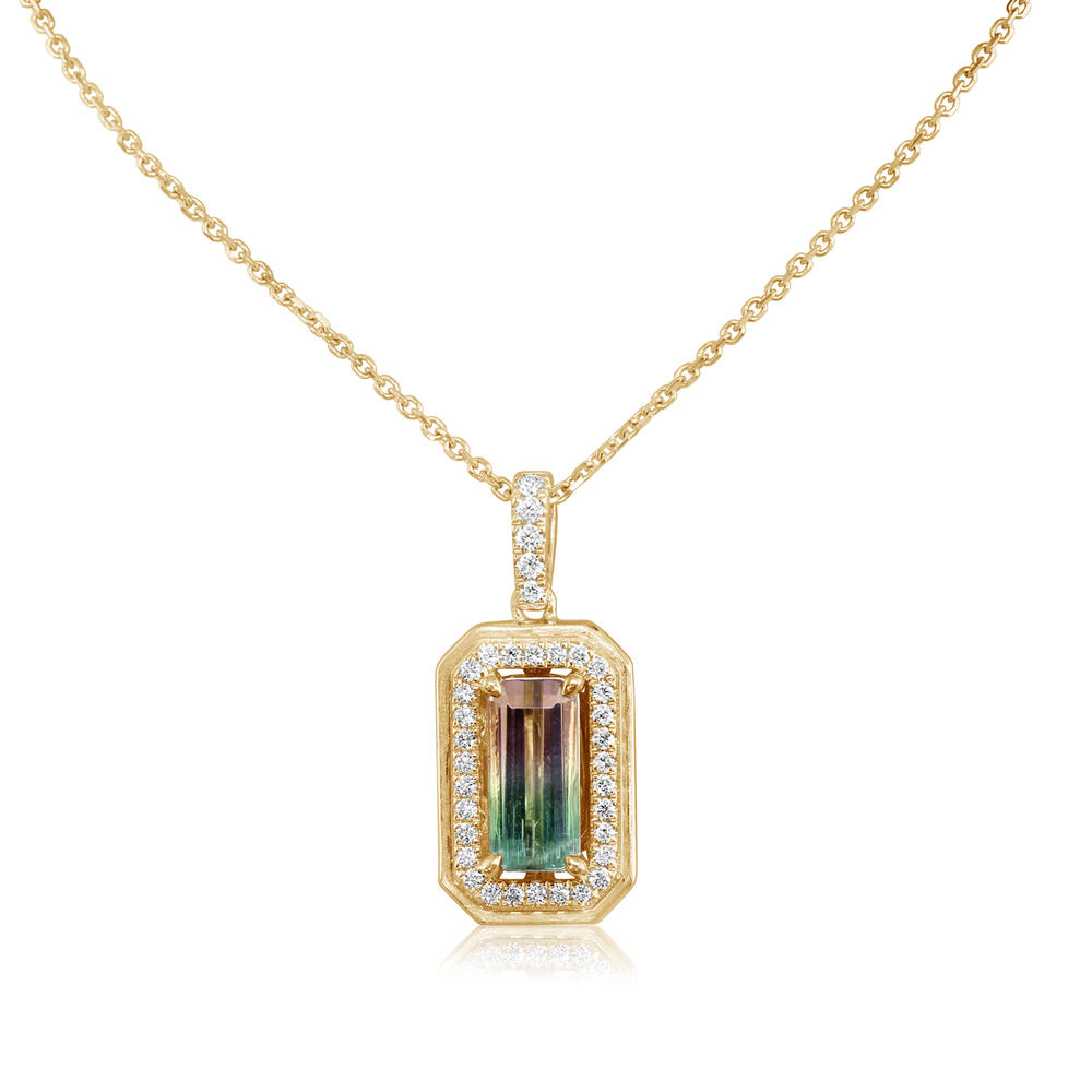 1.24ct Emerald Cut Bi-Color Tourmaline & Diamond Necklace