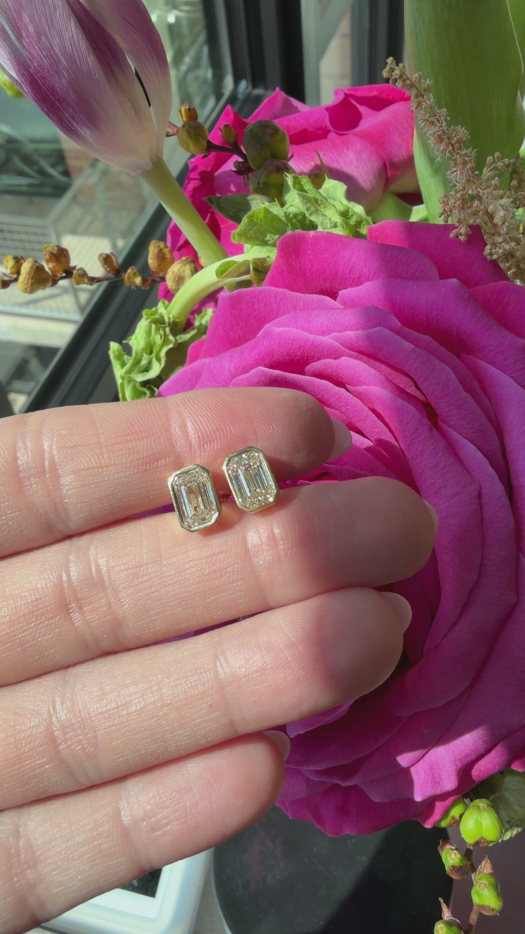 Emerald Cut Bezel Diamond Studs in 18K Yellow Gold