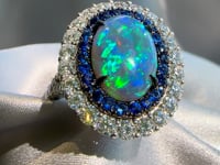 2.64ct Oval Australian Black Crystal Opal, Sapphire, & Diamond Ring in Platinum