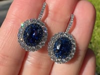 2.31ctw Oval Blue Sapphire & Cluster Diamond Halo Drop Earrings