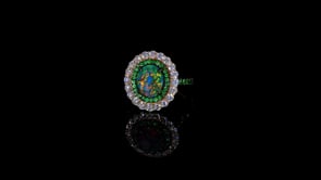 "A Kaleidoscope of Green" 2023 AGTA Award Winning 2.15ct Oval Australian Black Opal, Tsavorite, & Diamond Ring