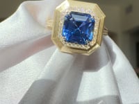 3.13ct Square Emerald Cut Sapphire & Diamond Brushed 18K Yellow Gold Ring