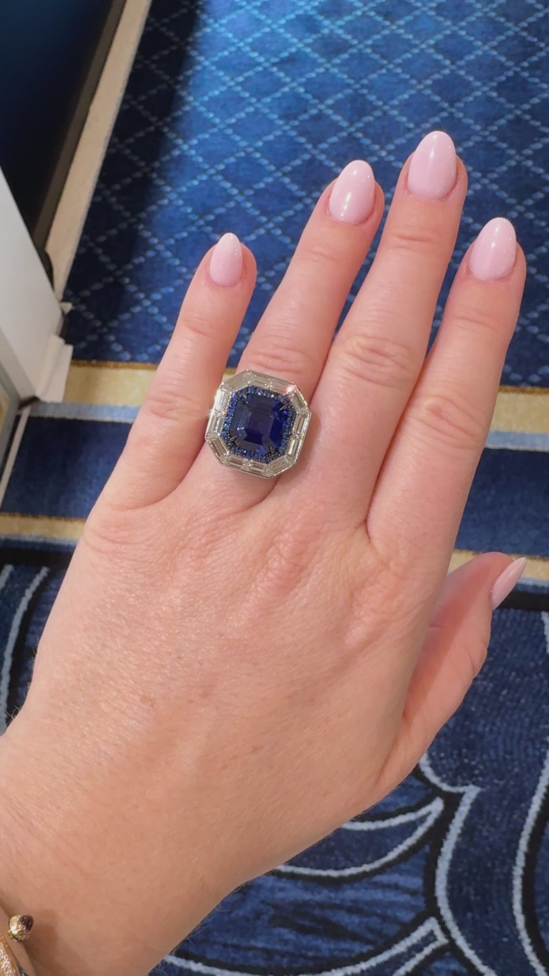 6.14ct Square Emerald Cut Sapphire & Diamond Baguette Ring in Platinum