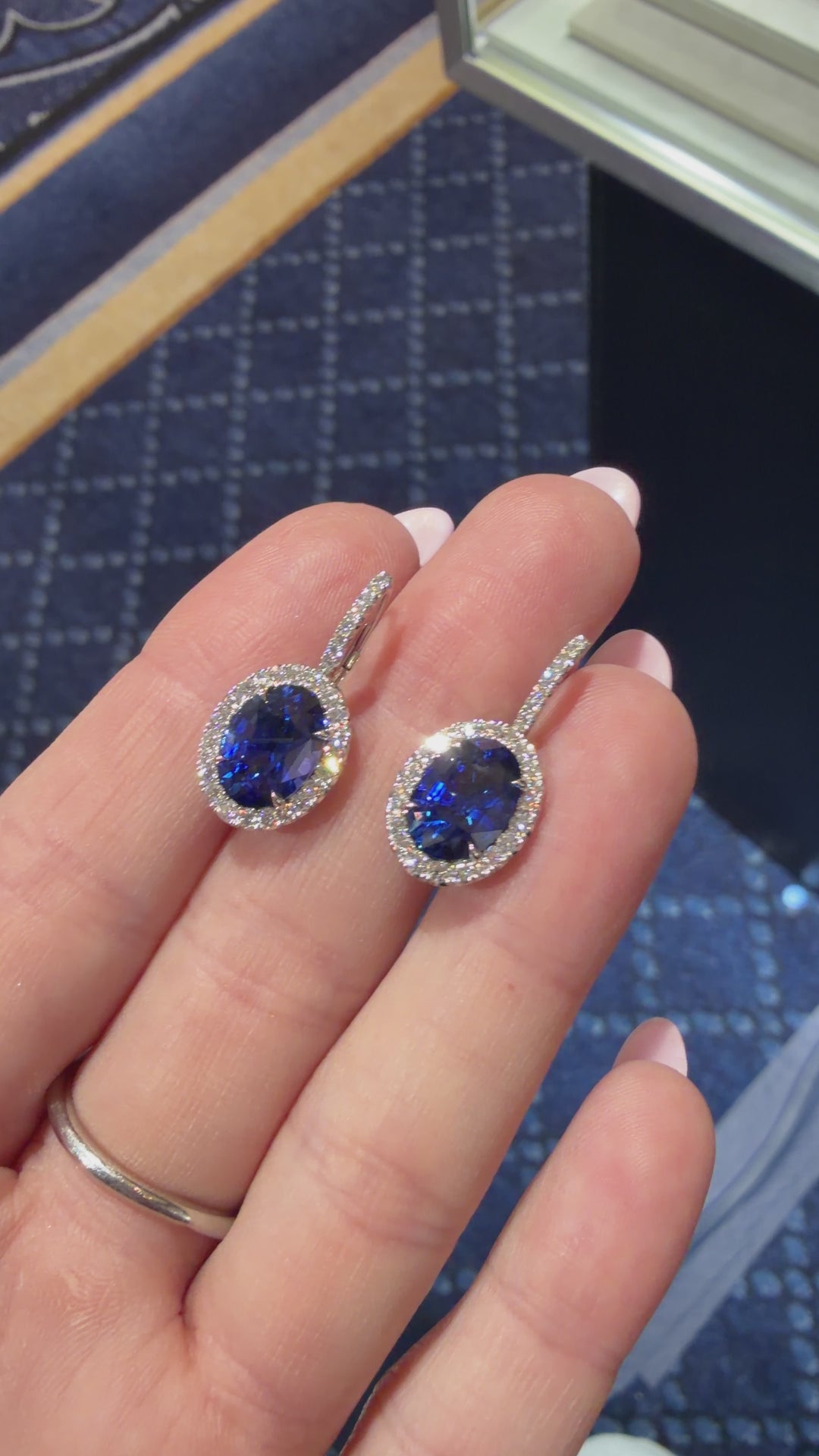 6.25ctw Oval Blue Sapphire Diamond Halo Drop Earrings in Platinum