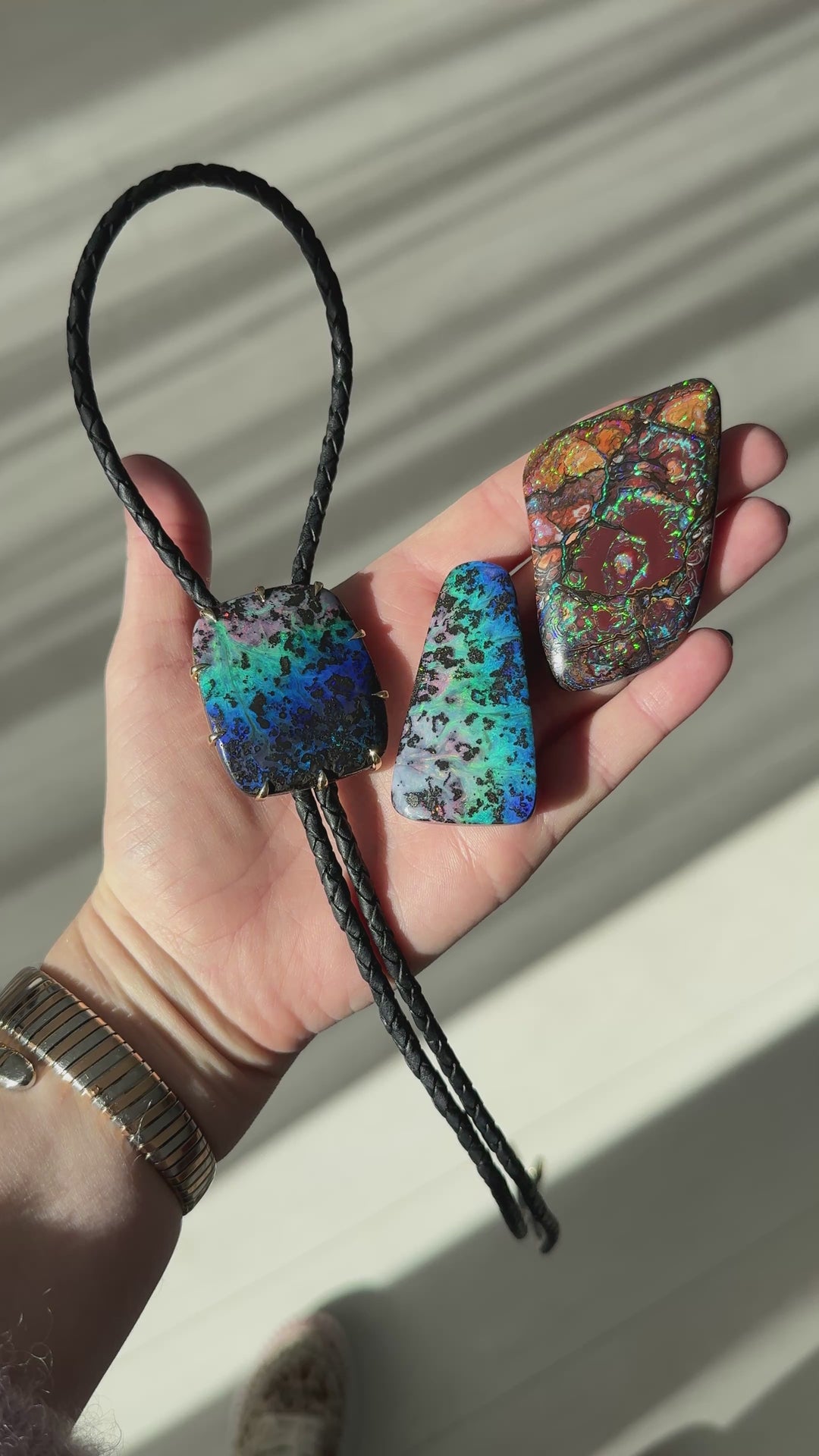14K Yellow Gold Australian Boulder Opal, Montana Sapphire, & Diamond Bolo Tie