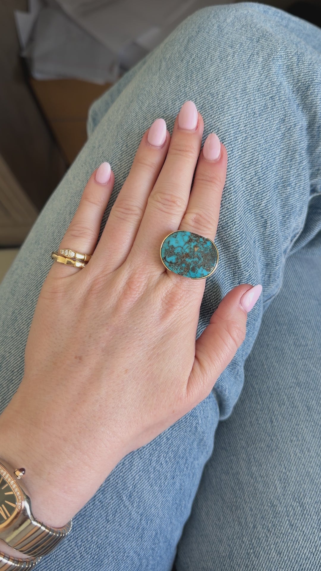 26.08ct Oval Persian Turquoise Cocktail Ring in 14K Yellow Gold