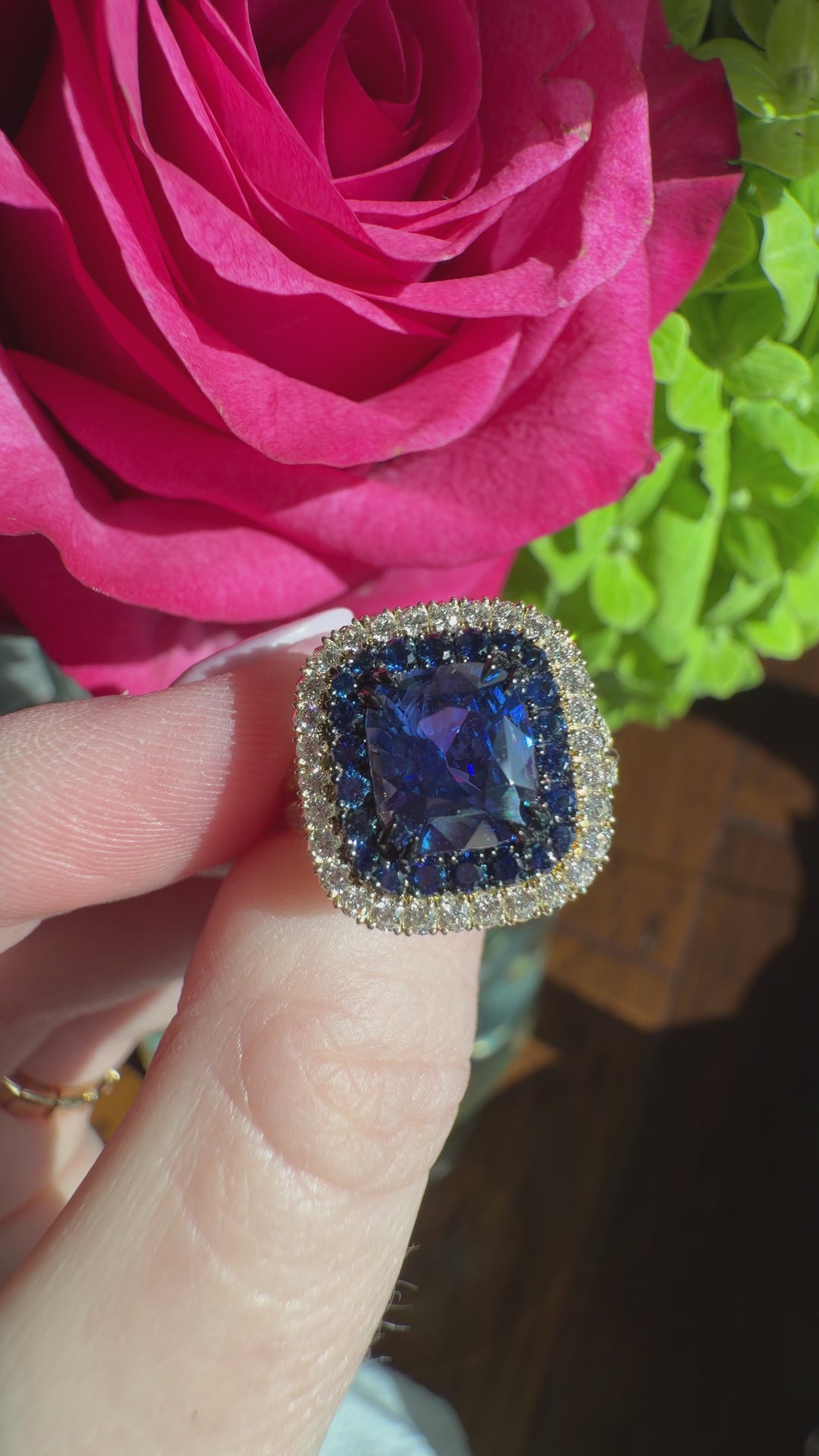 2.46ct Cushion Blue Sapphire & Diamond Ring in 18K Yellow Gold