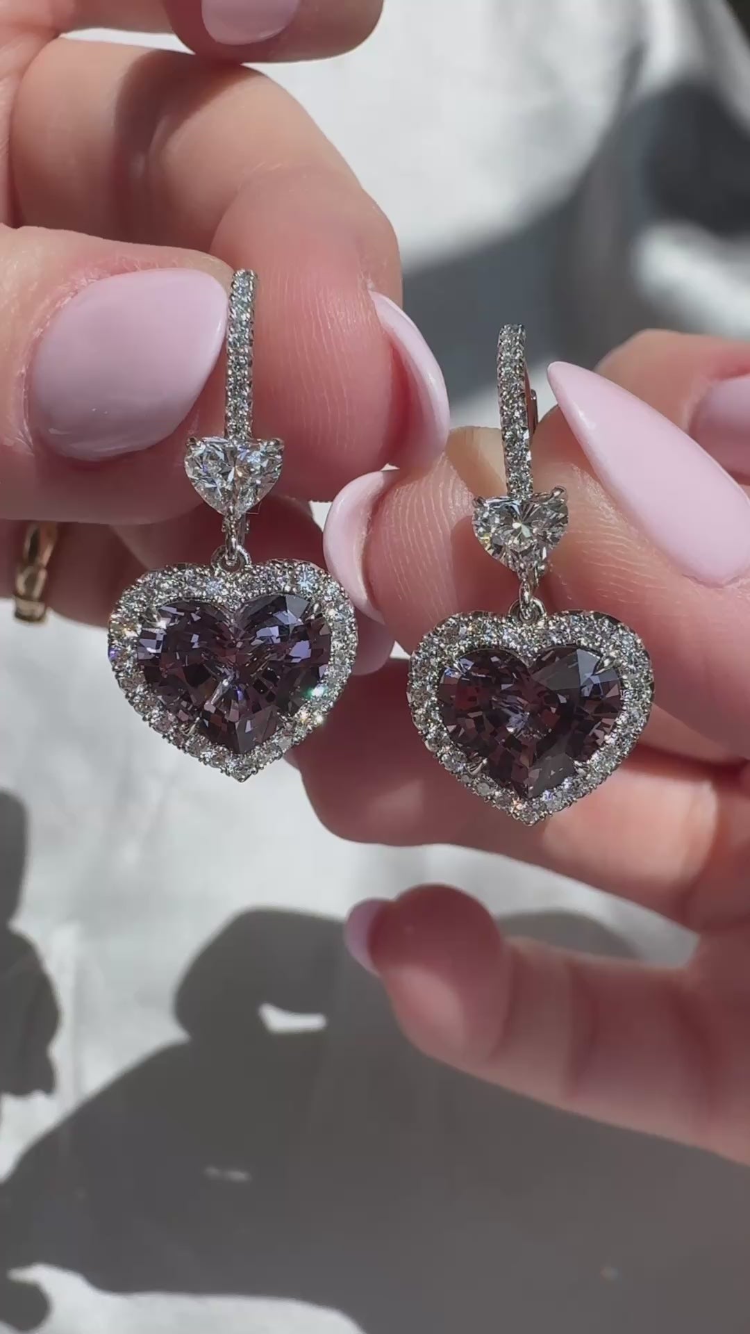 5.55ctw Heart Shape Purple Spinel & Diamond Halo Dangle Earrings in Platinum