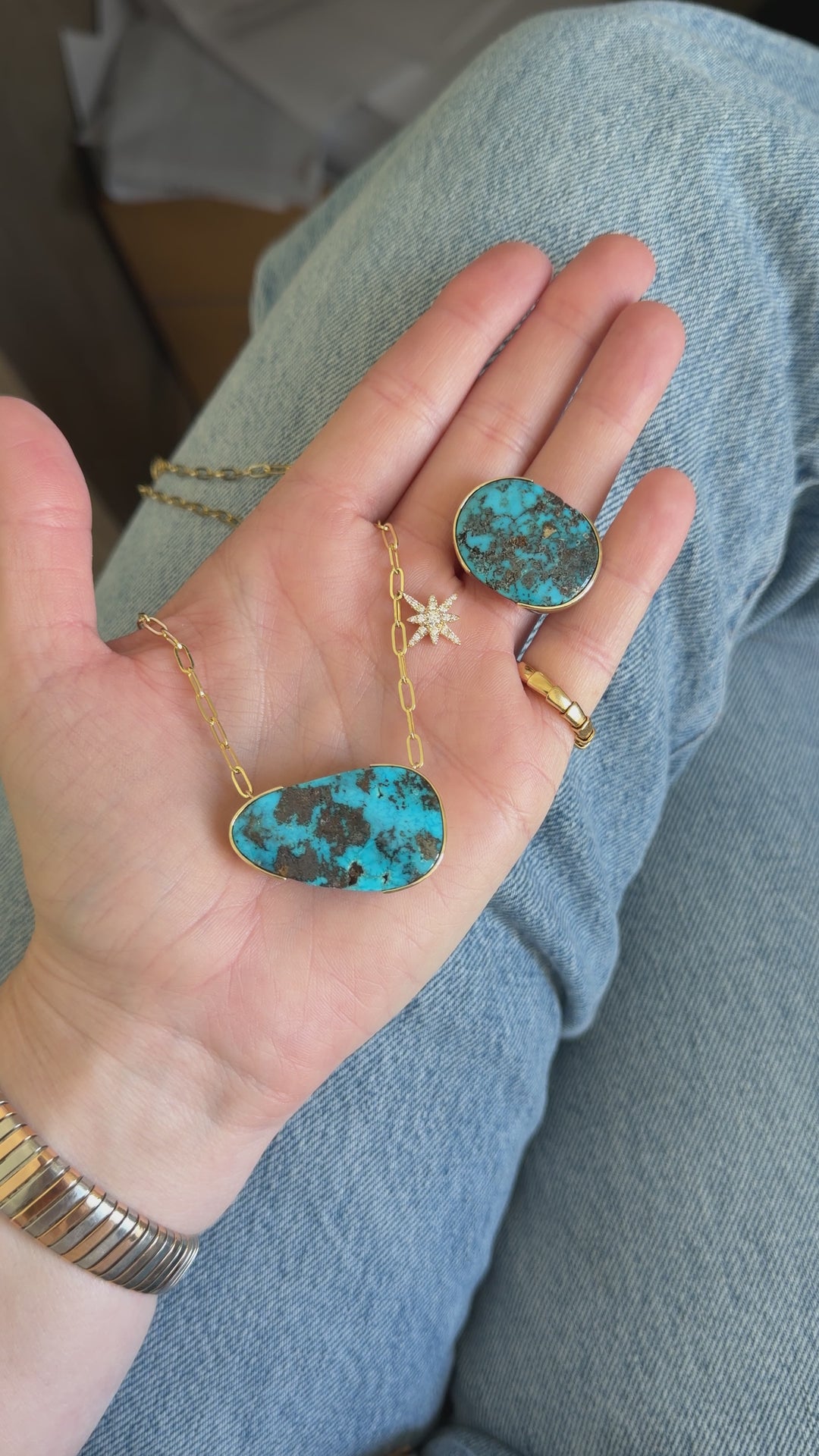 37.68ct Persian Turquoise & Diamond Star Necklace in 14K Yellow Gold
