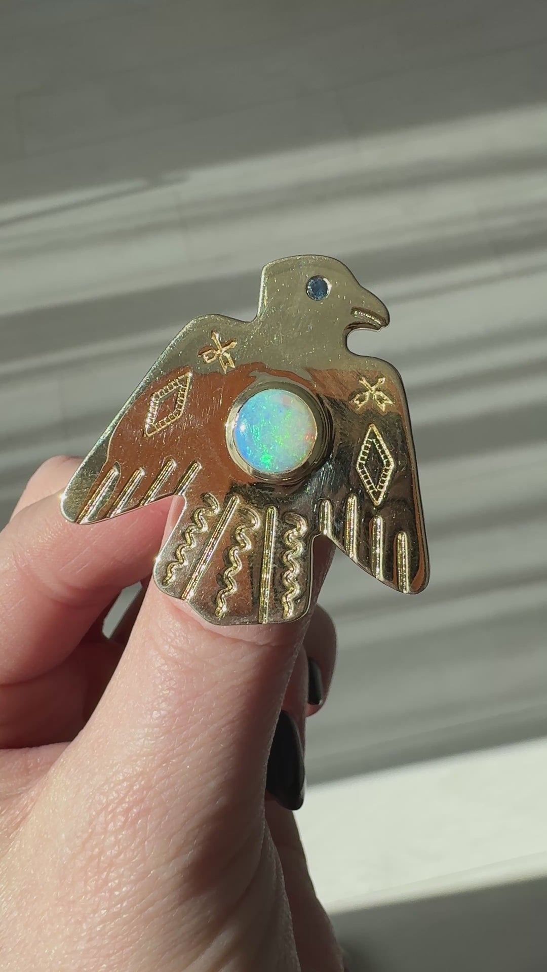 14K Yellow Gold Australian Opal & Montana Sapphire Thunderbird Bolo Ring