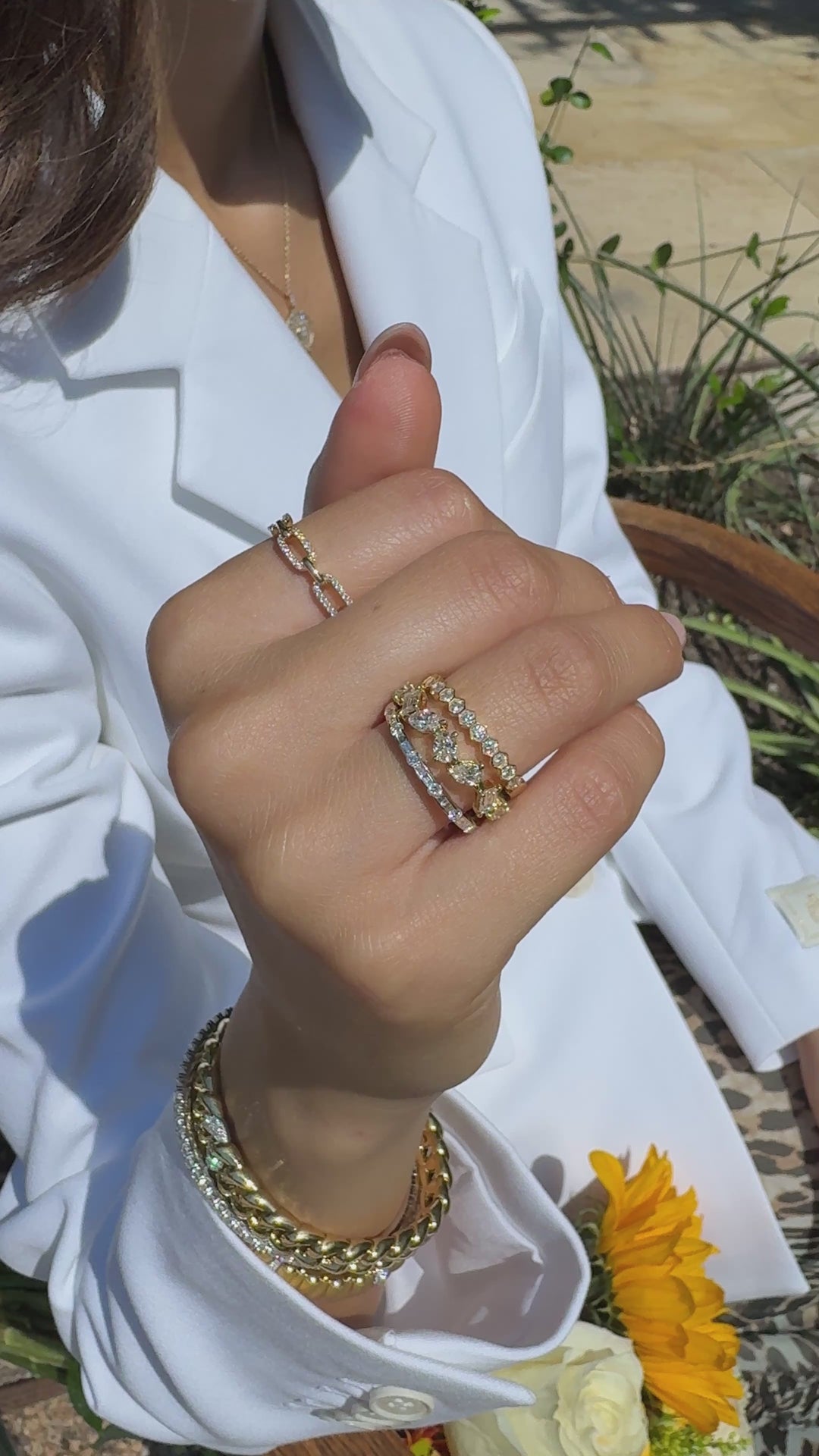 Petite Alternating Round & Baguette Diamond Stackable Band in 14K Gold