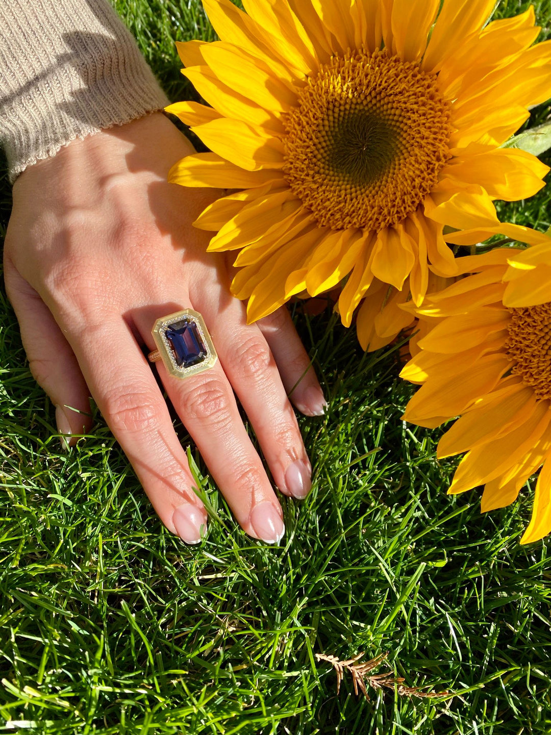 8.66 Emerald Cut Greyish-Purple Spinel & Diamond Ring