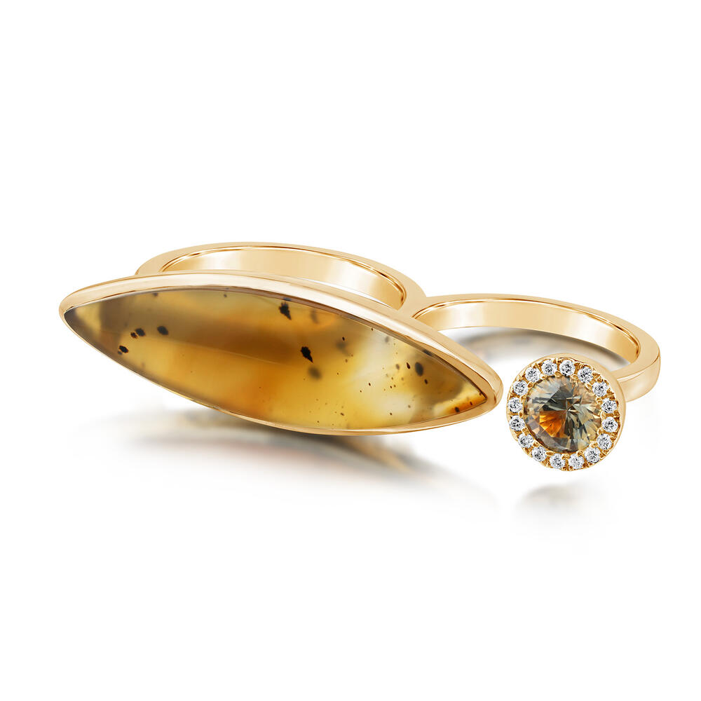 14K Yellow Gold Montana Agate & Montana Sapphire 2-Stone Double Ring