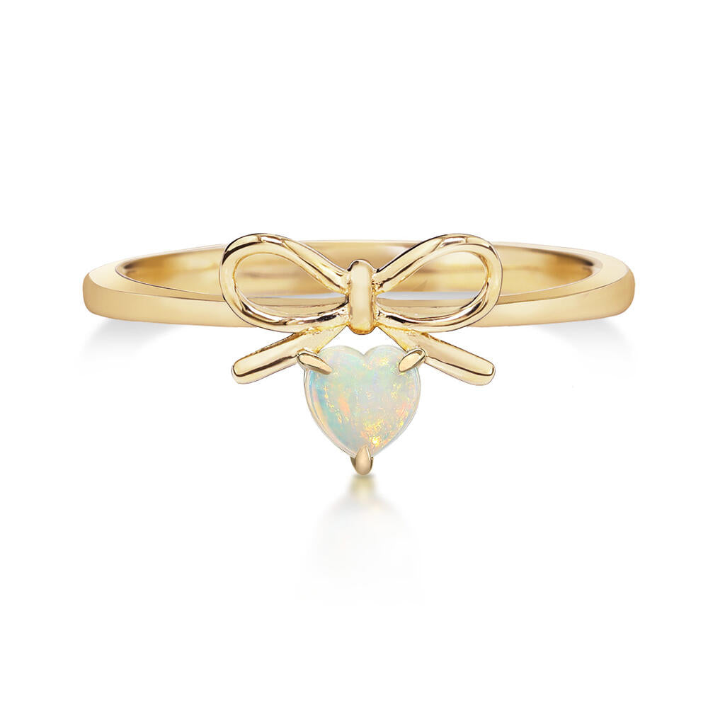 14K Yellow Gold Heart Shape Australian Opal & Diamond Mini Bow Ring