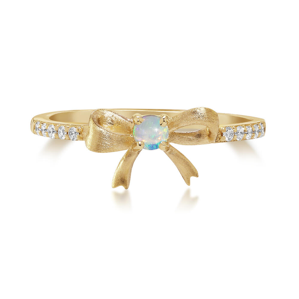 14K Yellow Gold Australian Opal & Diamond Mini Bow Ring