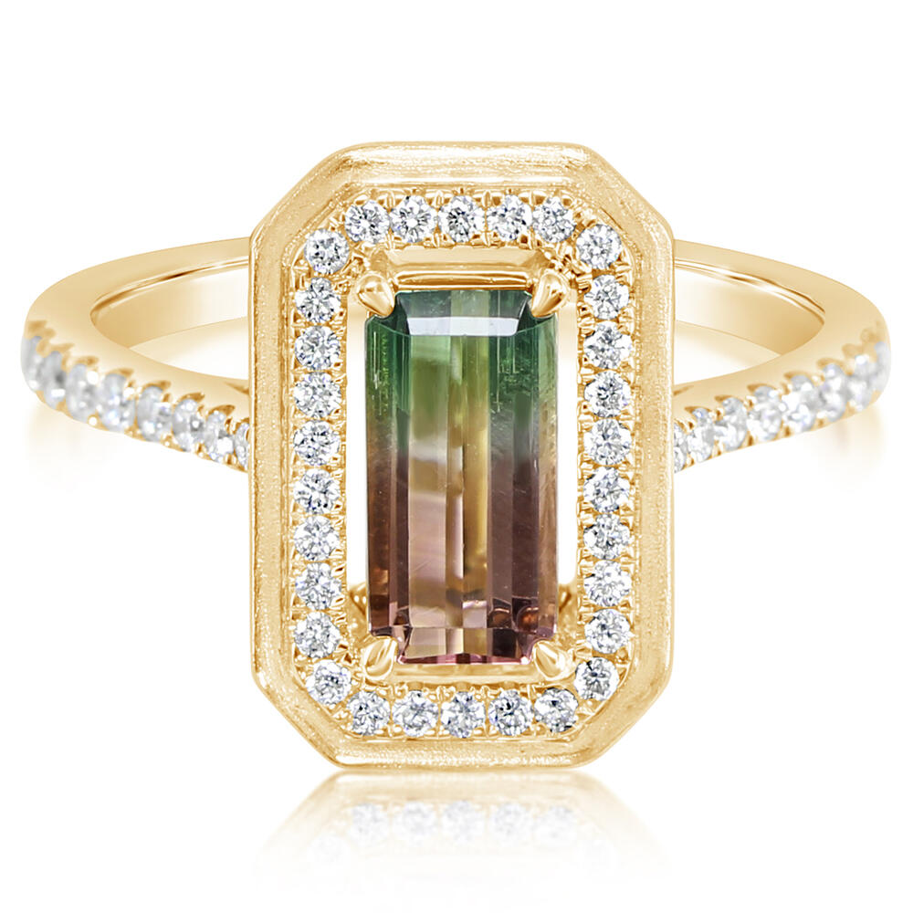 1.11ct Emerald Cut Bi-Color Tourmaline & Diamond Ring