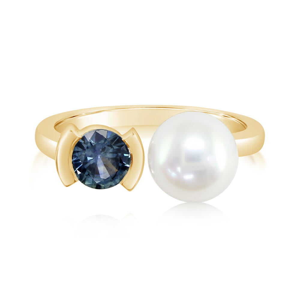 0.80ct Montana Sapphire & Pearl Double Ring in 14K Yellow Gold