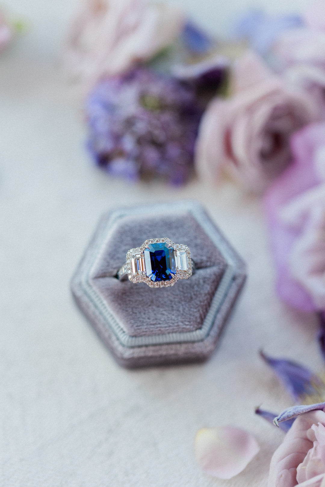 Emerald Cut Sapphire & Diamond Three Stone Ring