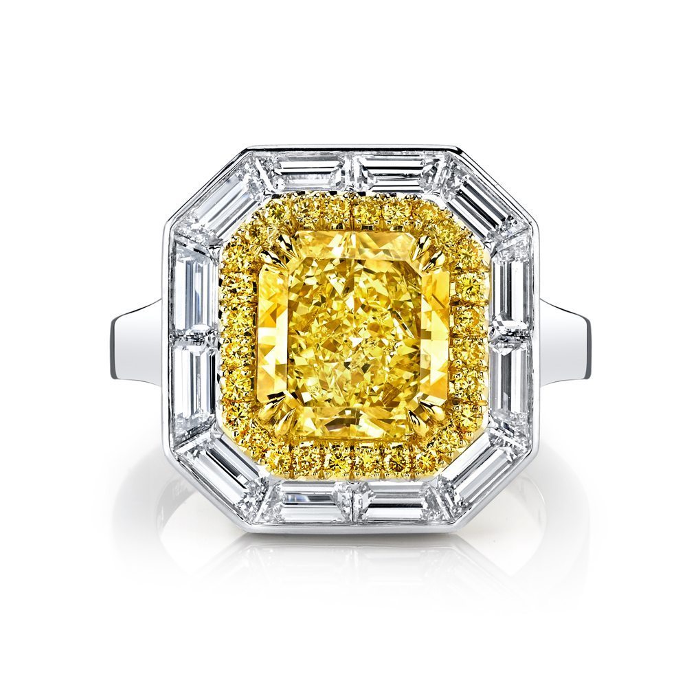 3.02ct Radiant Natural Fancy Yellow Diamond & Baguette Halo Ring