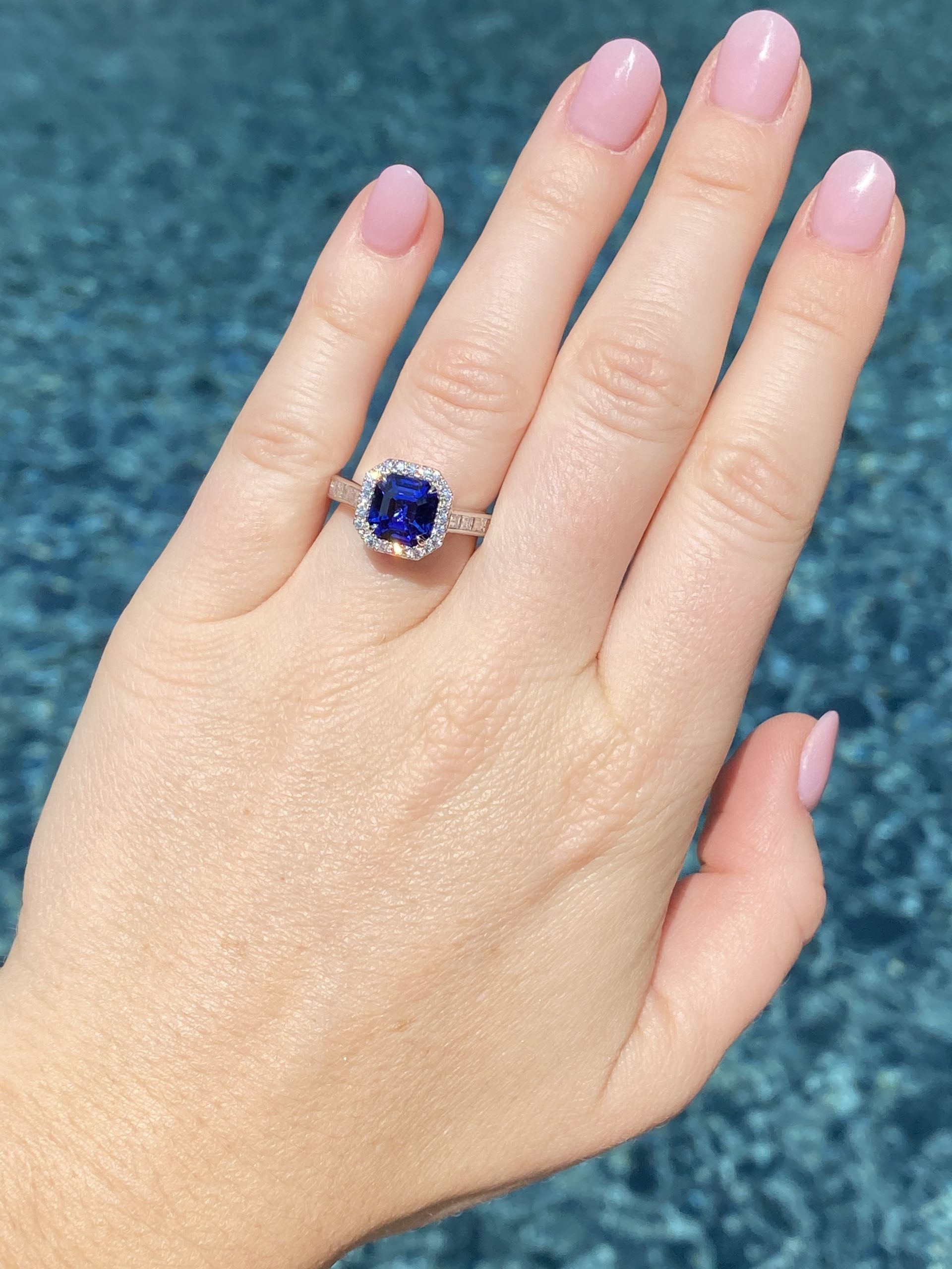 2.56ct Square Emerald Cut Sapphire & Diamond Ring | Nicole Mera